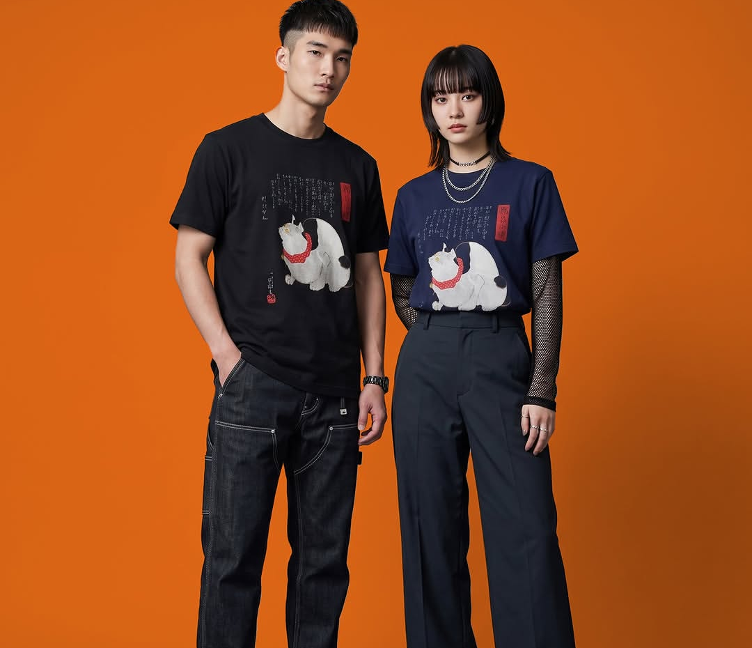 Two models wearing the PARSEK¹ × JAPANIMALS capsule collection — black and navy T-shirts printed with an ukiyo-e cat